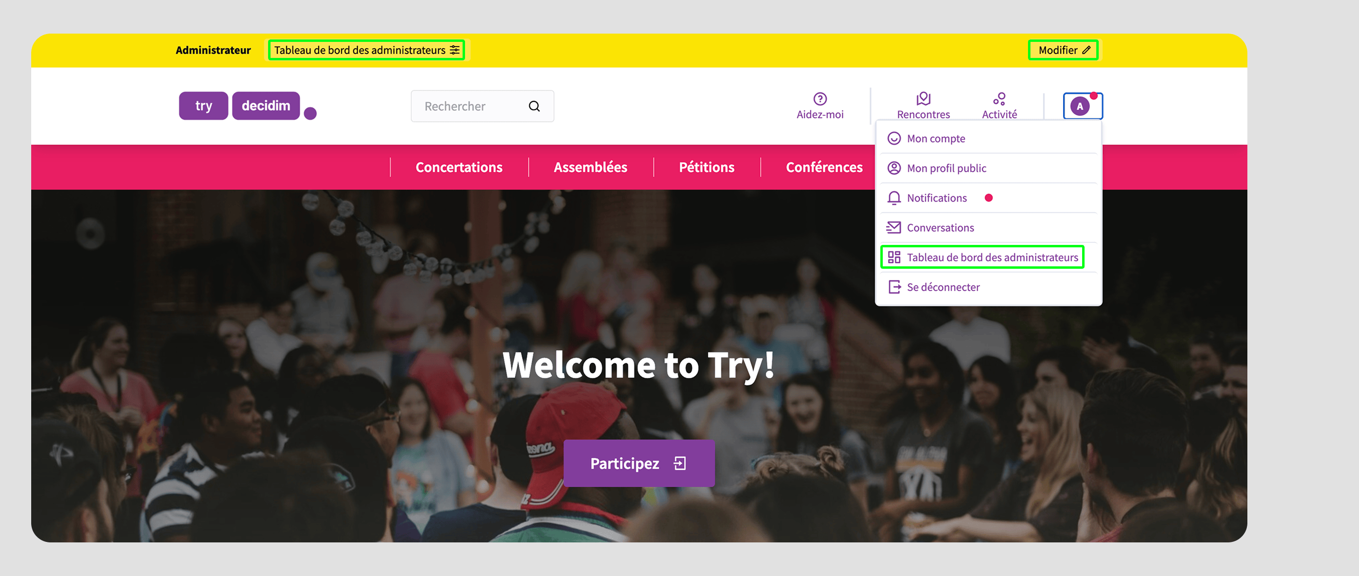 Decidim Admin Dashboard in user menu